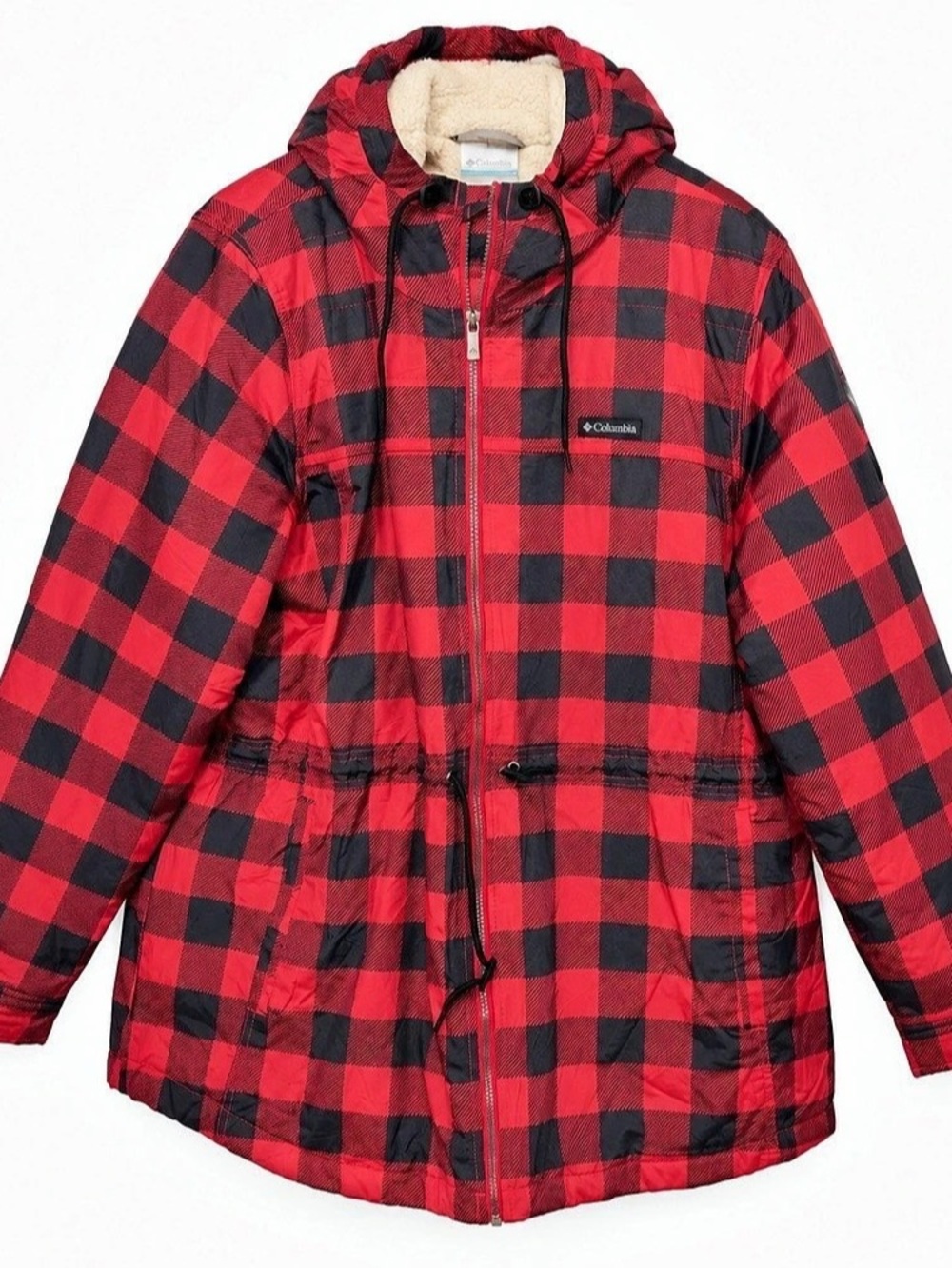 Columbia Plaid Hooded Puffer Jacket in Red & Black Size 2X